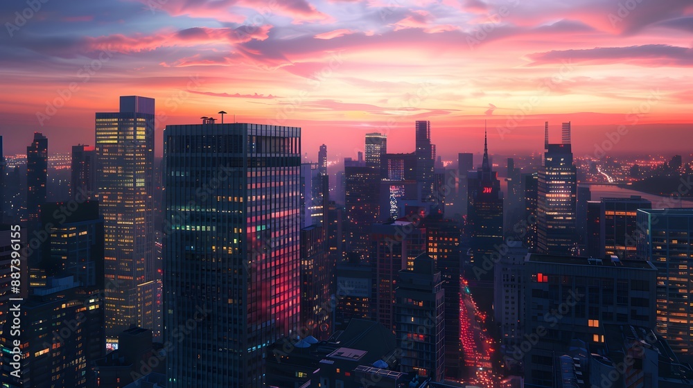Fototapeta premium Urban Landscapes A bustling city skyline at dusk with sunset 