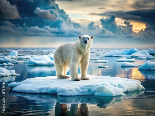 Lonely polar bear stands precariously on rapidly melting iceberg, surrounded by endless Arctic waters, a powerful symbol of climate change's devastating impact on wildlife habitats. photo