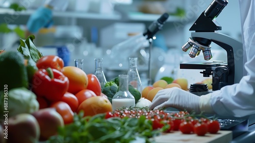 Scientist check chemical food residues in laboratory Control experts inspect quality of fruits vegetables lab hazards ROHs find prohibited substances contaminate Microscope Microbiolog : Generative AI photo