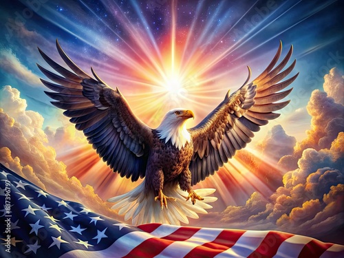 Vibrant 4K illustration of American eagle perched on Constitution, surrounded by radiant light, majestic wings spread wide, amidst swirling clouds of stars and stripes, freedom shines. photo