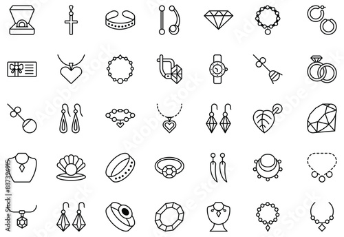 Vector set of jewelry line icons. Contains icons ring, diamond, earrings, bracelet, necklace, chain, pendant