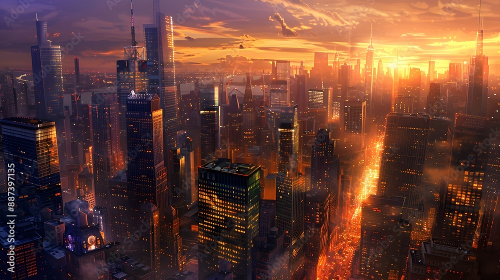 Urban Landscapes A bustling city skyline at dusk with sunset Urban Landscapes A bustling city skyline at dusk with sunset