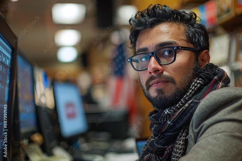 Fototapeta premium A man with a beard, wearing glasses and a scarf, is looking directly at the camera while sitting in front of a computer