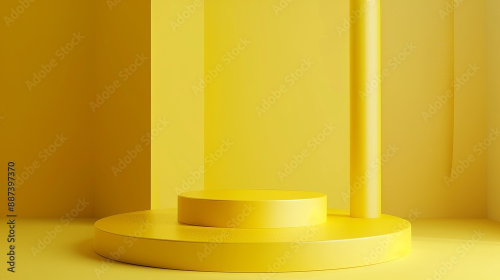 Obraz premium Minimalistic yellow abstract geometric composition with podium and pillar, perfect for product display, backgrounds, or modern art concepts.