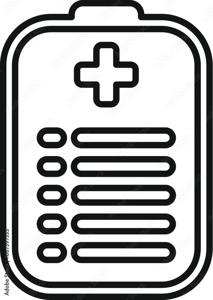 Simple black and white icon of a medical clipboard, symbolizing patient information and medical history Simple black and white icon of a medical clipboard, symbolizing patient information and medical history