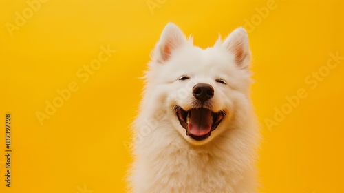 A happy white dog with a big smile on a vibrant yellow background : Generative AI