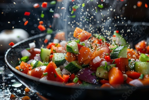 Vegetable stir-fry ingredients flying dynamically