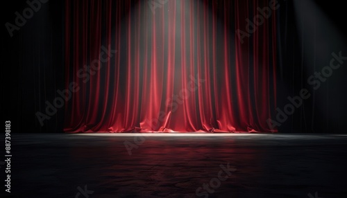 Grand theater stage featuring a luxurious red curtain, spotlighted in anticipation of a performance, perfect for promoting drama productions and entertainment venues