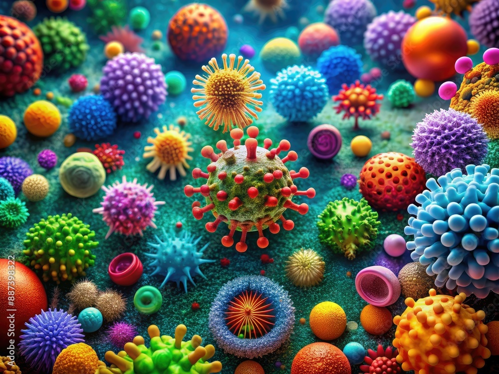 Fototapeta premium Colorful microscopic illustration of assorted viruses, cells, and microorganisms, showcasing varied shapes, sizes, and structures in a vibrant, abstract, biological landscape.