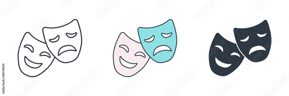 Theater mask, Comedy and tragedy mask icon theme symbol vector illustration isolated on white background Theater mask, Comedy and tragedy mask icon theme symbol vector illustration isolated on white background