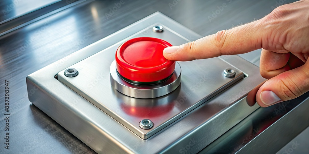 A red emergency stop button protrudes from a sleek metal console, a ...