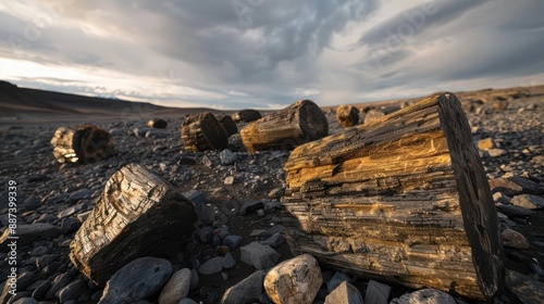 Landscape featuring large pieces of petrified wood scattered on rocky terrain