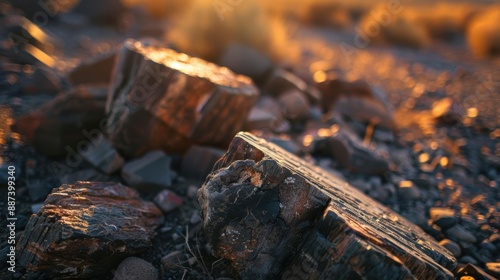 Landscape featuring large pieces of petrified wood scattered on rocky terrain