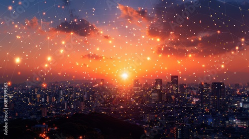 Cityscape at Sunset with Network Connections
