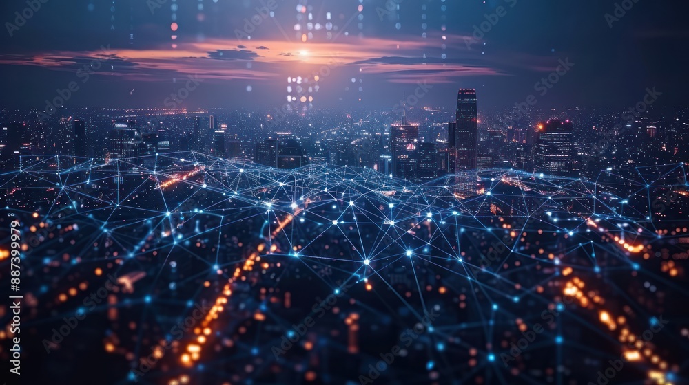 Night Cityscape with Interconnected Network Night Cityscape with Interconnected Network