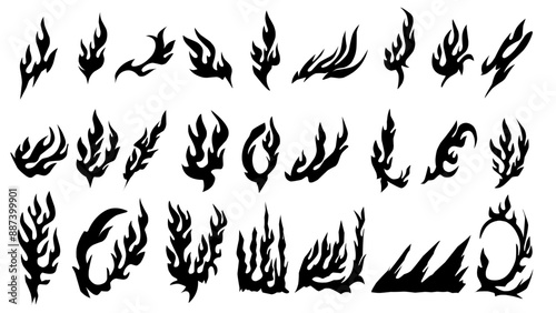Vector illustration of silhouette shapes of fire flame, abstract shapes blazing fire black and white