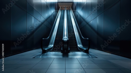 Modern escalator in a sleek, welllit shopping mall, perfect for showcasing urban architecture, retail environments, and contemporary design photo