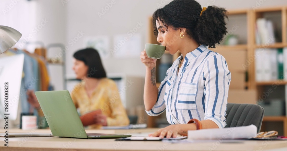 Laptop, coffee and reading of email, woman and small business of ecommerce, entrepreneur and online. Office, startup and person with message on app for sales, morning and digital for shop and web Laptop, coffee and reading of email, woman and small business of ecommerce, entrepreneur and online. Office, startup and person with message on app for sales, morning and digital for shop and web