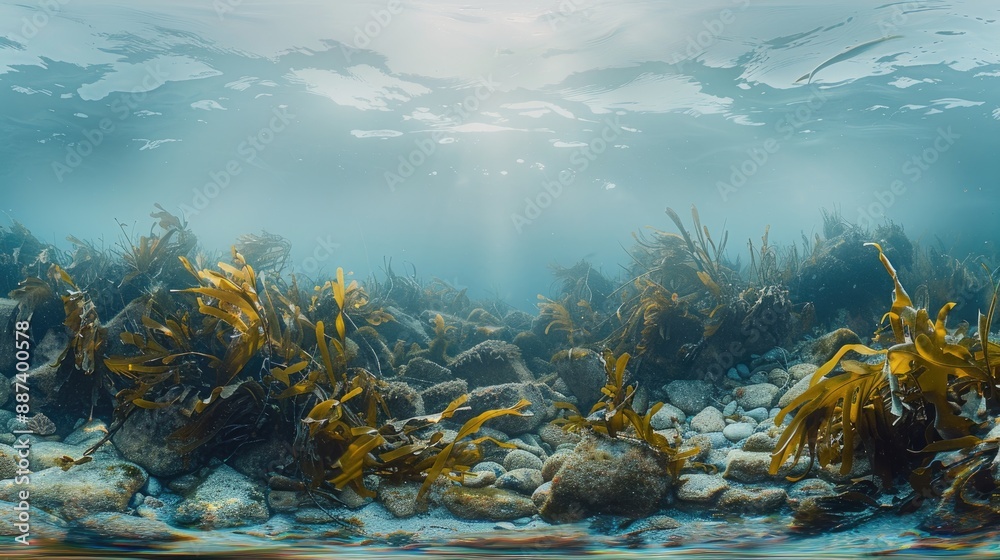 Obraz premium Rocky reef covered with kelp reaching to surface