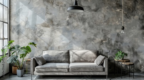 Industrial living room with simple grey sofa and metal furniture real photo with copy space on the wall photo