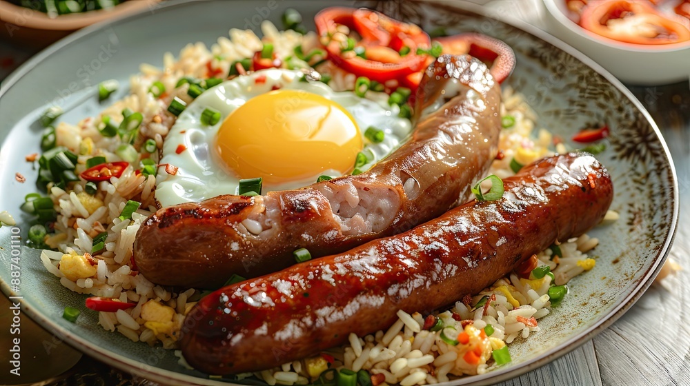Photo of freshly cooked Filipino food called Longsilog or Filipino sausage served with fried rice and egg Photo of freshly cooked Filipino food called Longsilog or Filipino sausage served with fried rice and egg