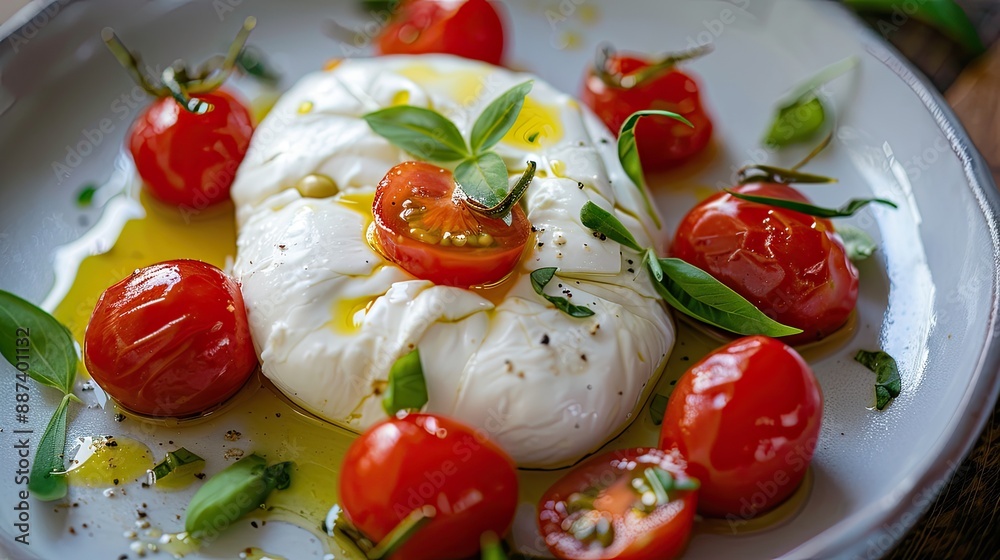 Mild burrata cheese Burrata cheese served with cherry tomatoes and olive oil Close up Mild burrata cheese Burrata cheese served with cherry tomatoes and olive oil Close up
