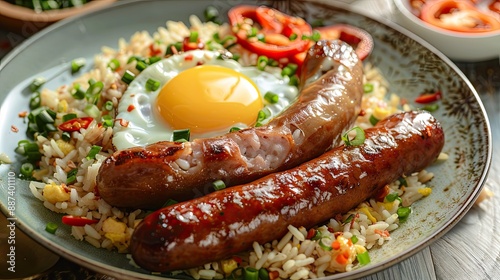 Photo of freshly cooked Filipino food called Longsilog or Filipino sausage served with fried rice and egg