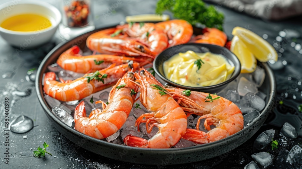 Cooked boiled smoked or baked shrimp with aioli sauce on ice A summer seafood plate an appetizer at the seafood market or fish restaurant Cooked boiled smoked or baked shrimp with aioli sauce on ice A summer seafood plate an appetizer at the seafood market or fish restaurant