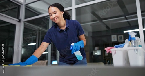 Cleaner, cleaning table woman in office from dust, spray disinfect and protection from disease risk in building. Maintenance, person and chemical liquid for pest control, health and hygiene safety