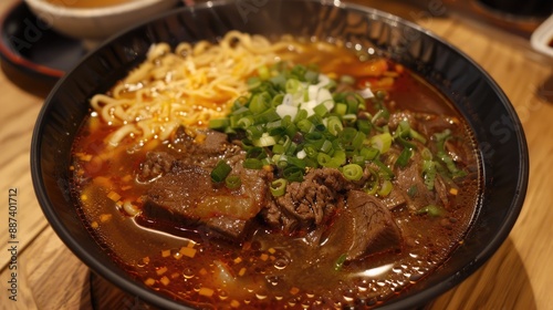 Birria ramen consomme soup with beef and noodle Mix of Mexican and Asian cuisine