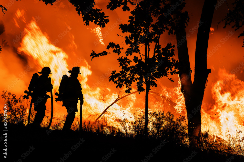 Fototapeta premium Two firefighters in protective gear courageously fighting a large, intense forest fire during sunset, with trees and flames vividly shown, highlighting bravery and danger.