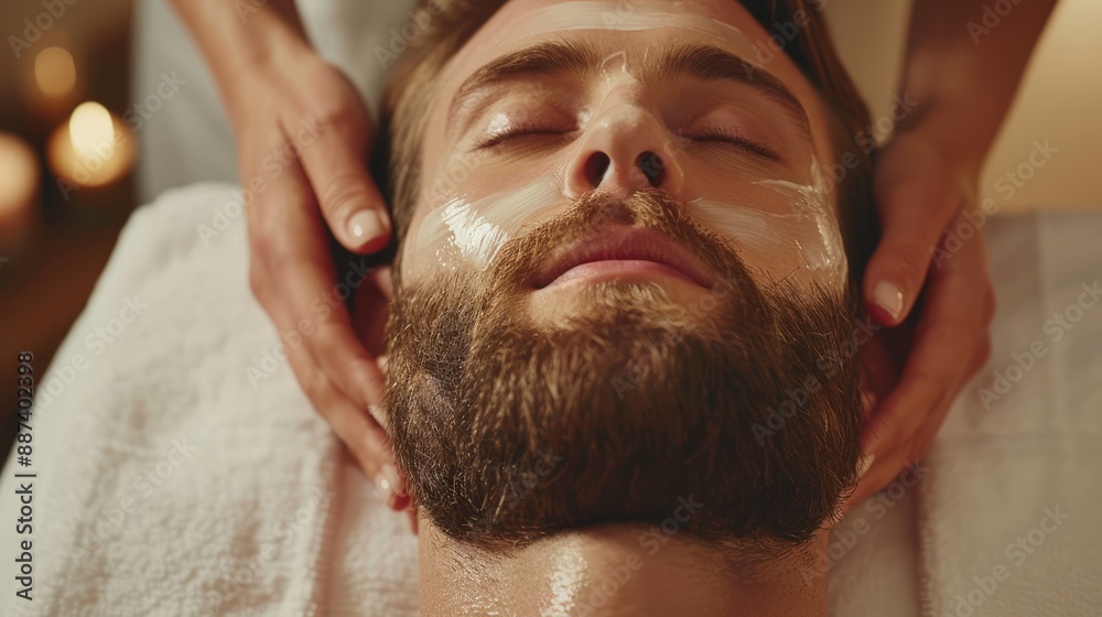 Massage therapist doing facial massage for man in spa salon Handsome bearded man getting skin care treatment from esthetician Modeling active facial massage with study of mimic muscles Massage therapist doing facial massage for man in spa salon Handsome bearded man getting skin care treatment from esthetician Modeling active facial massage with study of mimic muscles