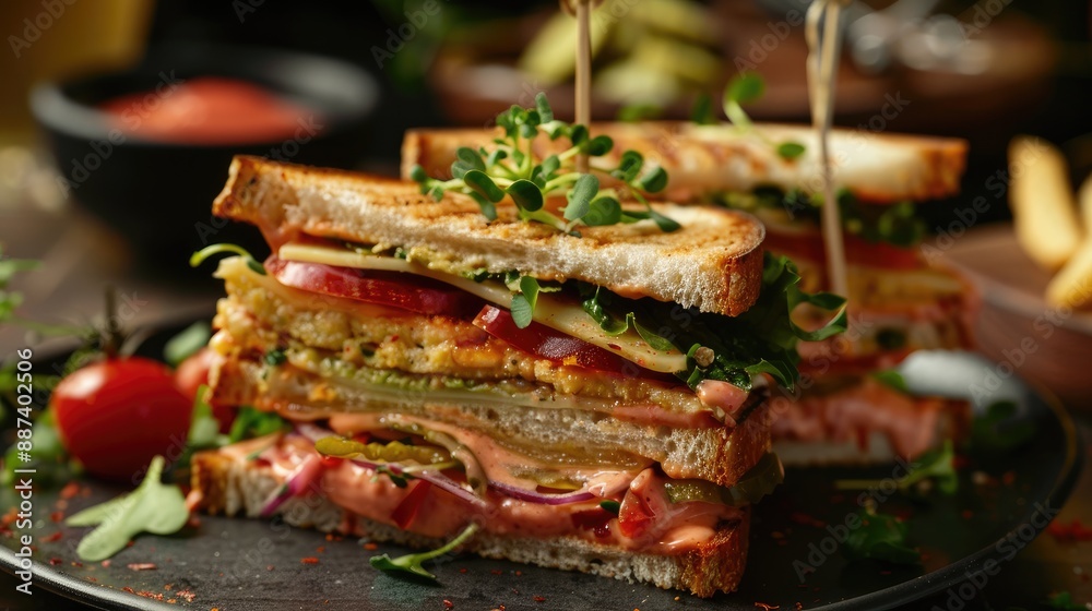 A Club Sandwich with pink sauce A Club Sandwich with pink sauce