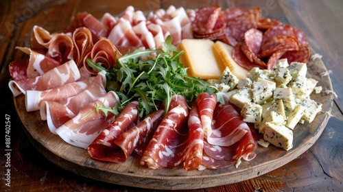 Platter with pecorino prosciutto salami and gorgonzola typical rustic italian food european cuisine