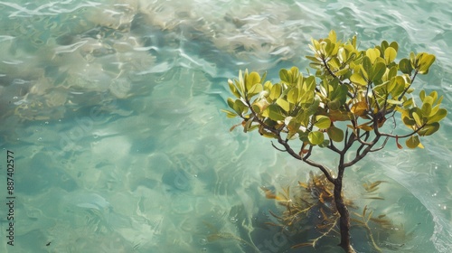 Mangrove young sprout tree along the turquoise green salty water photo