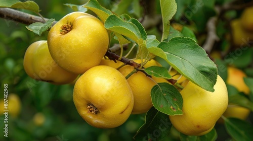 Cydonia oblonga or Quince tree bearing golden yellow ripening fruits like golden apple appearance on twiggy branches covered with simple and oval green hairy leaves photo