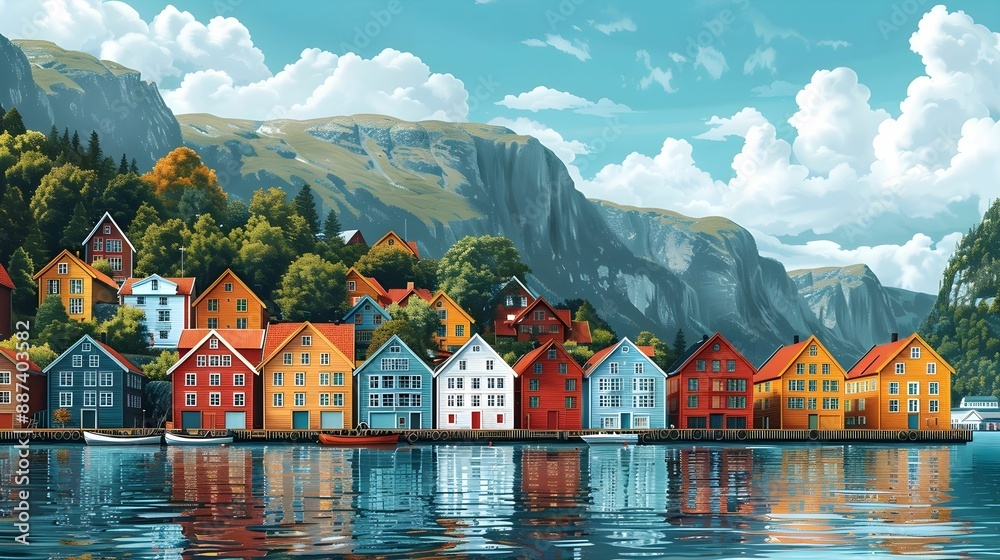 Naklejka premium Bryggen wharf in Bergen with colorful wooden houses.