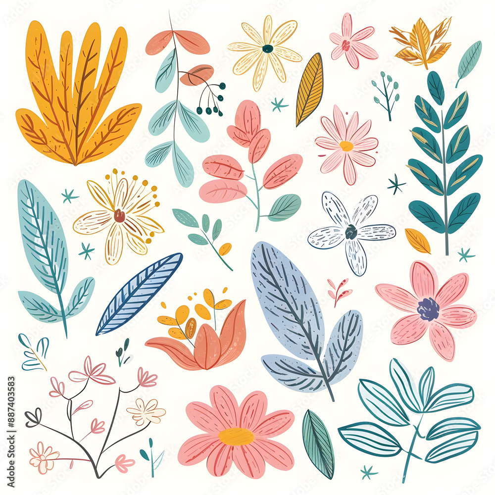 2D flower and leaf cards in various styles 2D flower and leaf cards in various styles