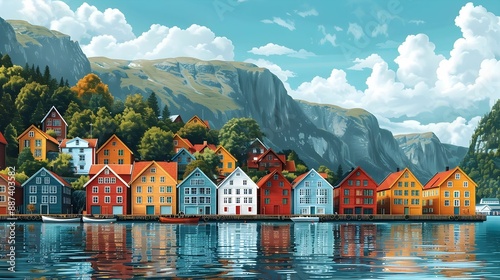 Bryggen wharf in Bergen with colorful wooden houses.