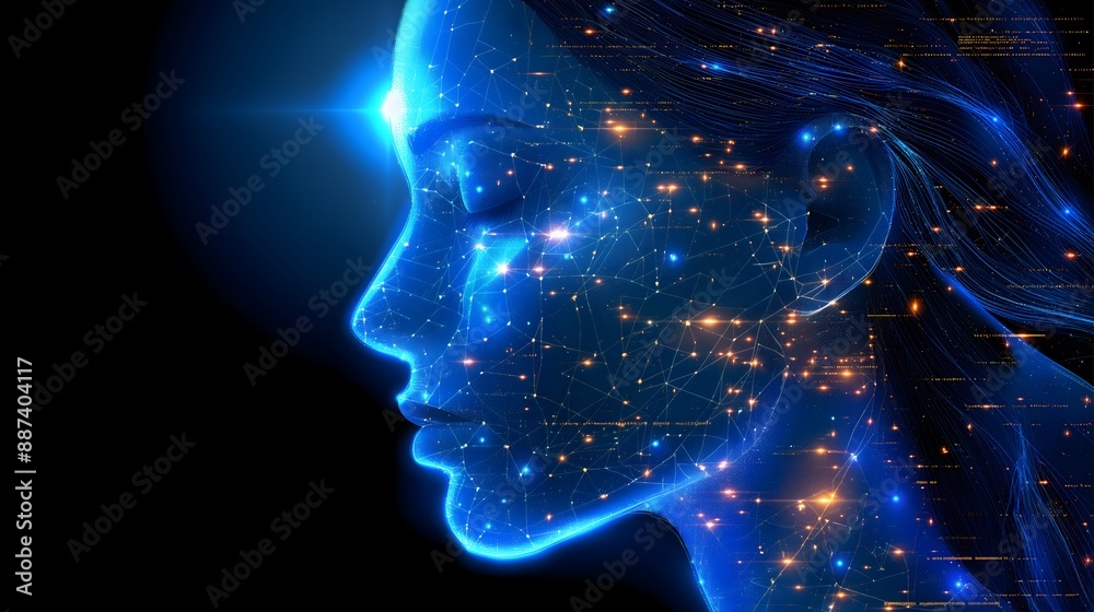 A digital presentation featuring close-up outlines of a woman and man's faces against a technology-themed background, ideal for PowerPoint and product presentations. A digital presentation featuring close-up outlines of a woman and man's faces against a technology-themed background, ideal for PowerPoint and product presentations.