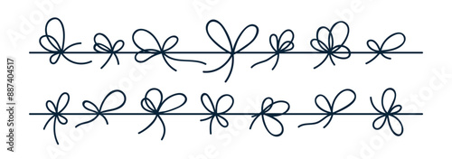 Bow knots set. Cord, string tied. Rope, twine, thin thread with loops row, line. Decorative shapes from horizontal lace, drawing. Hand-drawn graphic vector illustrations isolated on white background