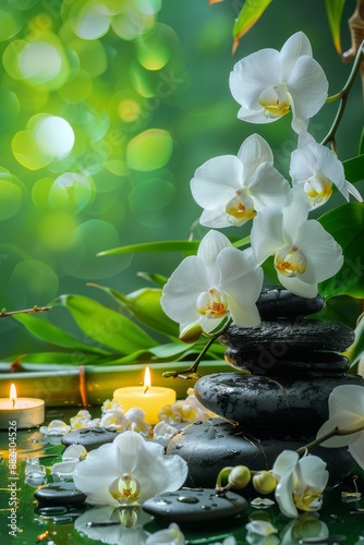 Zen Style Relaxation: Orchids, Candles, Bamboo on green blurry background