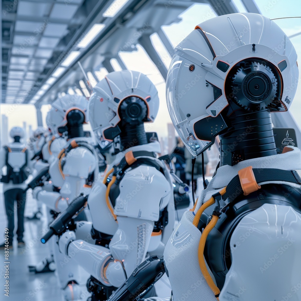 Fototapeta premium Futuristic cityscape with humans and robots working together, Human and Technology Synergy, collaboration