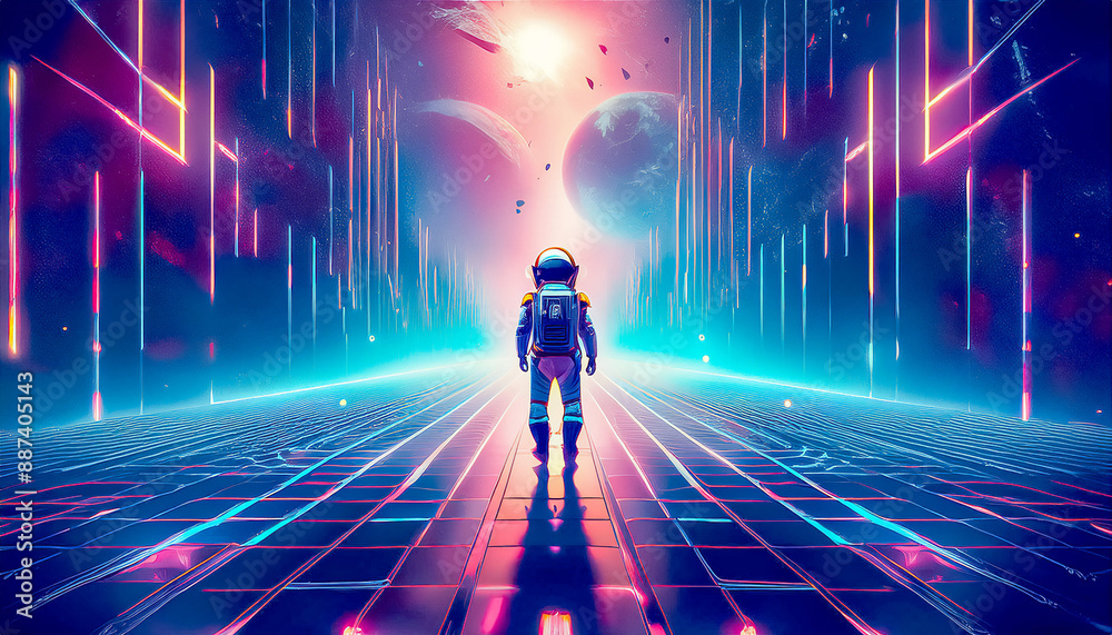 One path, one choice, man conquers space, through distances and galaxies, man in a spacesuit, science fiction background One path, one choice, man conquers space, through distances and galaxies, man in a spacesuit, science fiction background