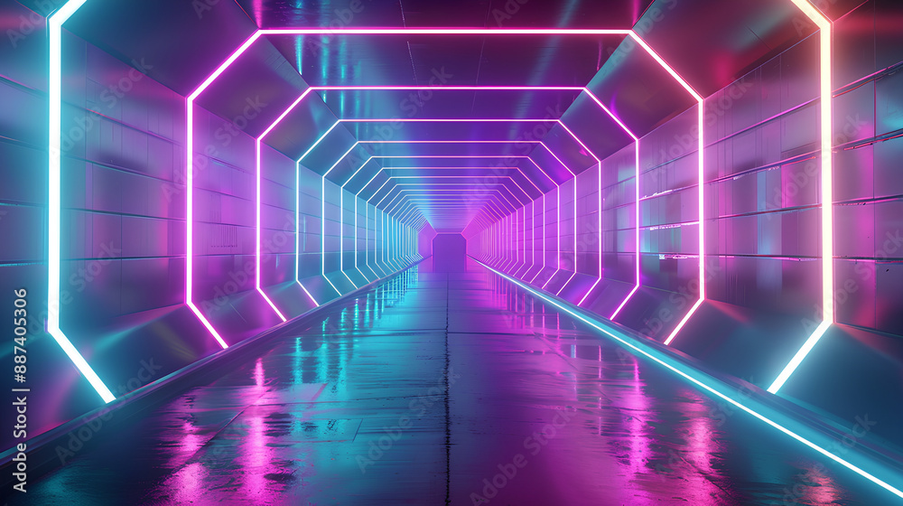An empty, neon-lit tunnel offers an abstract, immersive background with a wallpaper feel, perfect as a best-seller for futuristic themes An empty, neon-lit tunnel offers an abstract, immersive background with a wallpaper feel, perfect as a best-seller for futuristic themes
