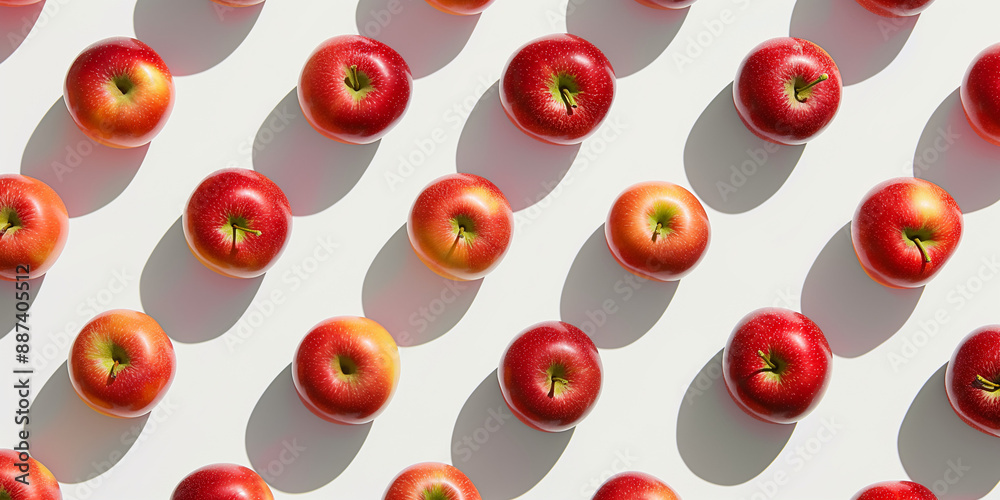 A background of apples, each with its shadow, scattered across the canvas in an elegant display, with soft shadows on a white background A background of apples, each with its shadow, scattered across the canvas in an elegant display, with soft shadows on a white background