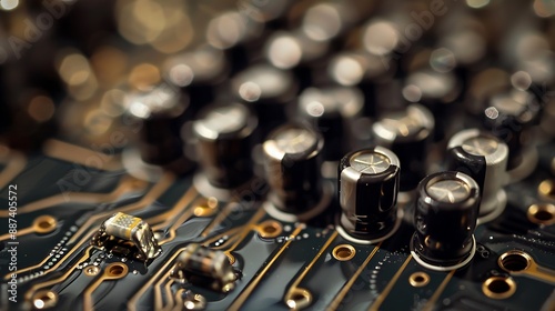 Close-up of soldered joints in an electronic circuit. Highlight the smooth, silvery lead connections.