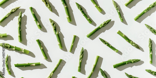 A background of asparagus, each with its shadow, scattered across the canvas in an elegant display, with soft shadows on a white background