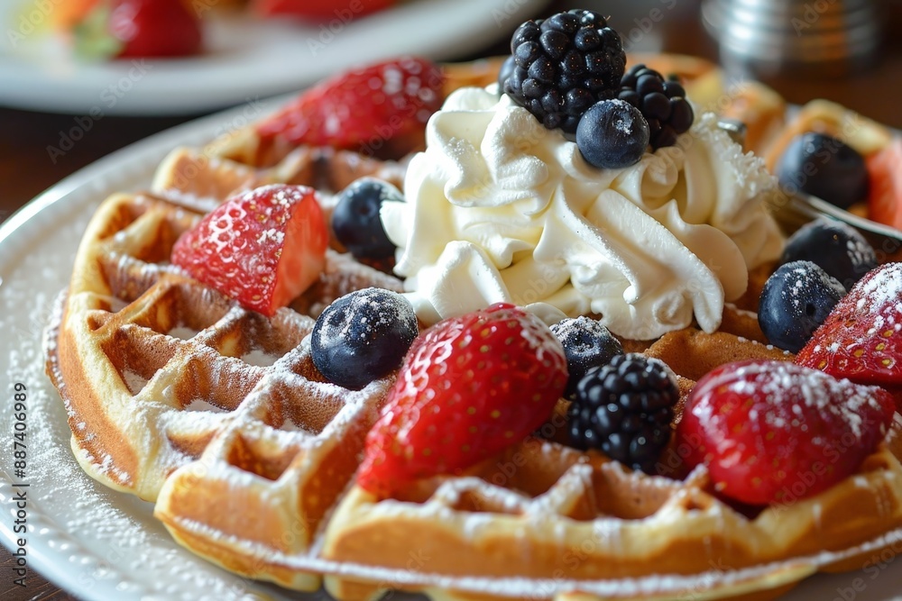 Waffles flipping with fruit and whipped cream floating Waffles flipping with fruit and whipped cream floating