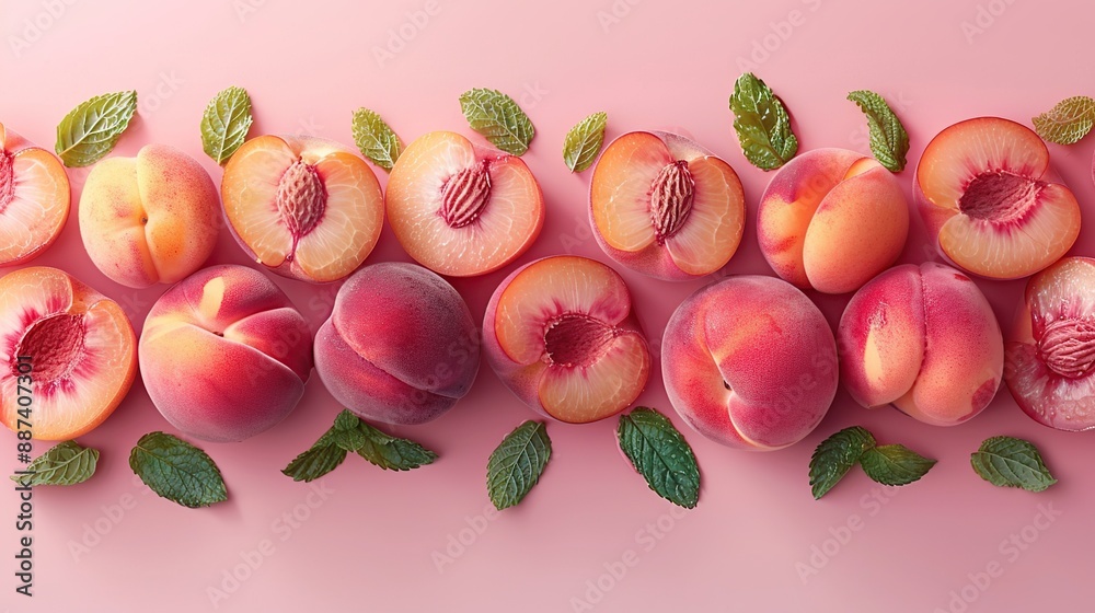 Peaches and Mint on Pink Background Peaches and Mint on Pink Background
